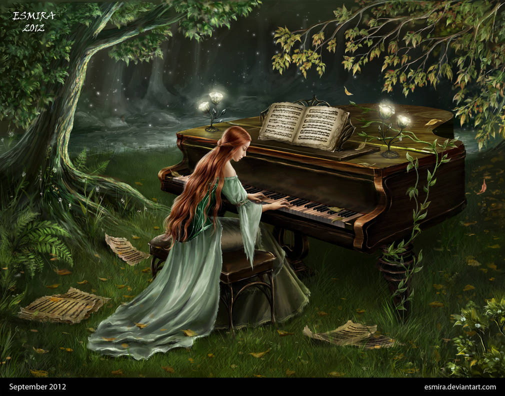 Песни сказочная ночь. Фет Луна сияла. Пианино в лесу. Девушка в волшебном лесу. Пианино арт.