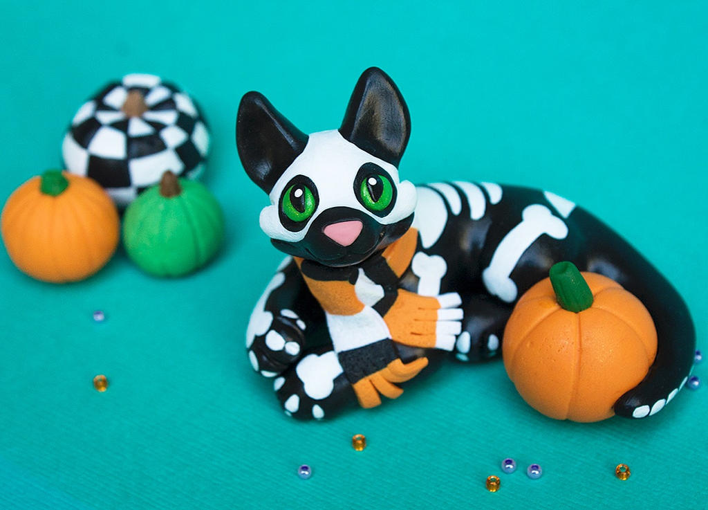 Halloween Skeleton kitty sculpture by SculptedPups