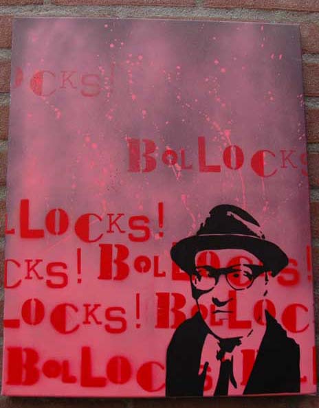 Bollocks stencil indoors