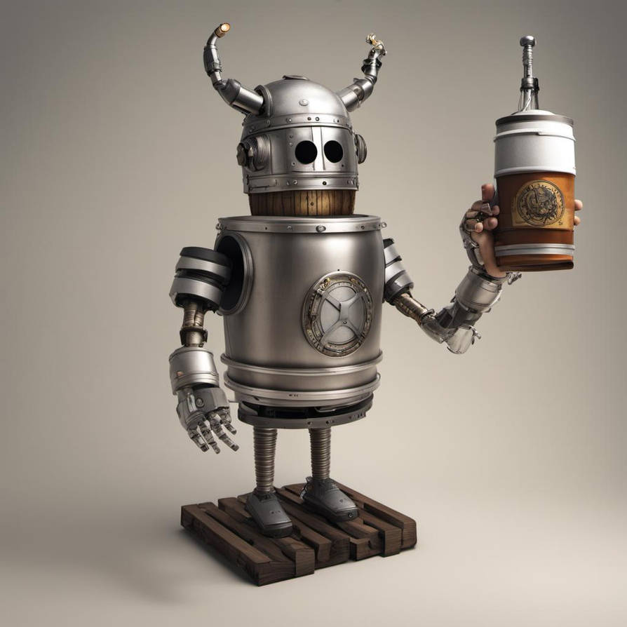 Keg robot automaton wearing viking helmet