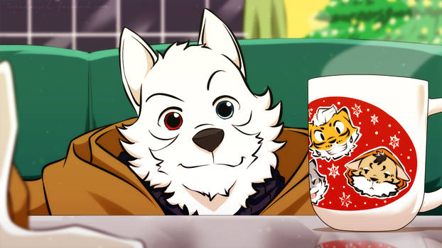 Commission Art : White wolf and his new coffee cup