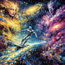 Silver Surfer gliding across a river of stars