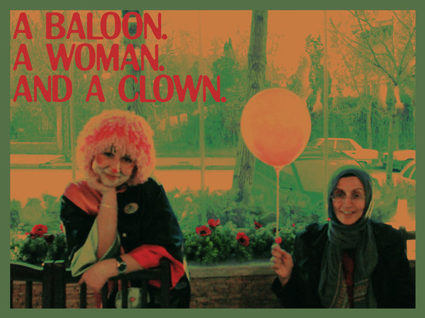 a baloon,a woman,a clown.