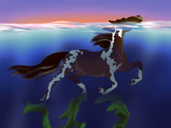 Painted horse swimming through the ocean.