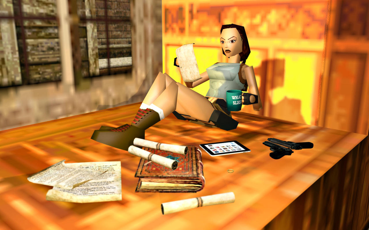 Lara studying old scrolls