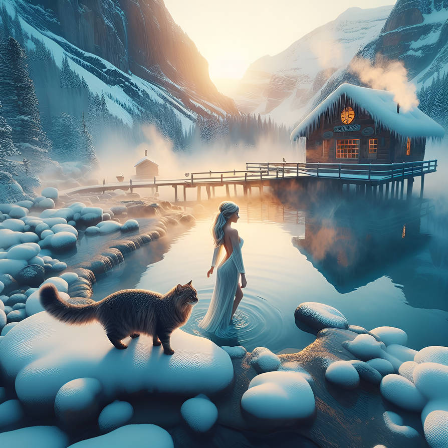 Lady, cat and hot springs by CreativeAlpaka on DeviantArt