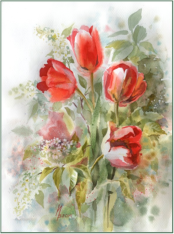 Tulips red, white cherries ...