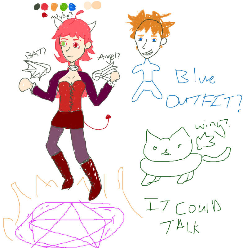 A fully drawn young red-headed woman dressed in a romantic goth style with heterochromia, to her left is a orange haired boy with a thick stick figure body in blue, below him is a dark green cat creature