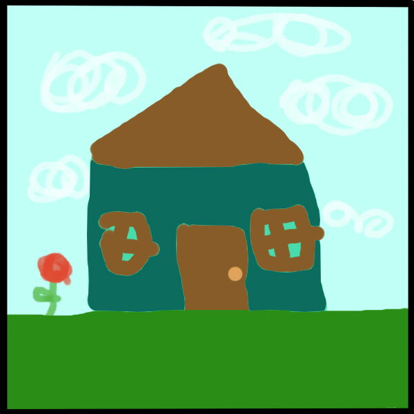 A crudly drawn teal colored house with light sky, green grass, and a red flower