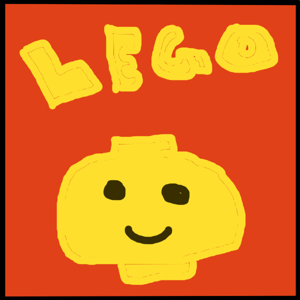 Quickly drawn lego head with the words lego in yellow