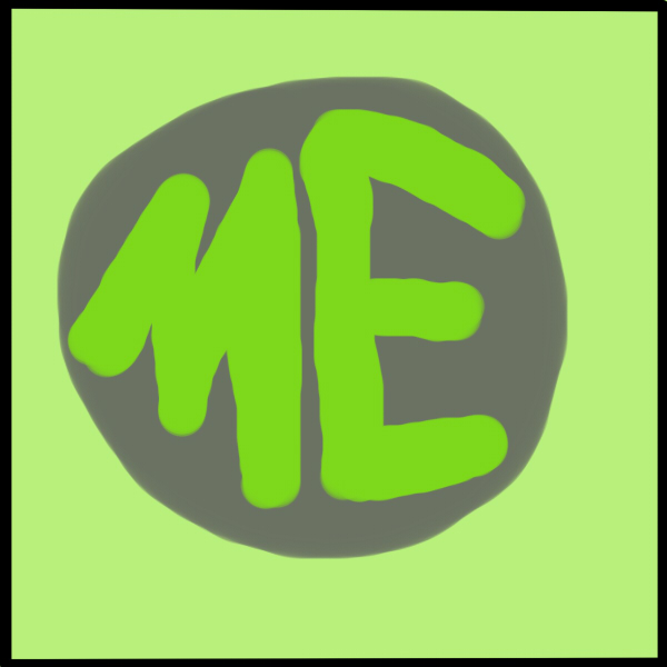 Grey circle with green letters M and E, on a lighter green background