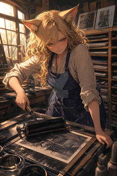 Blonde Catgirl Working a Vintage Print Press