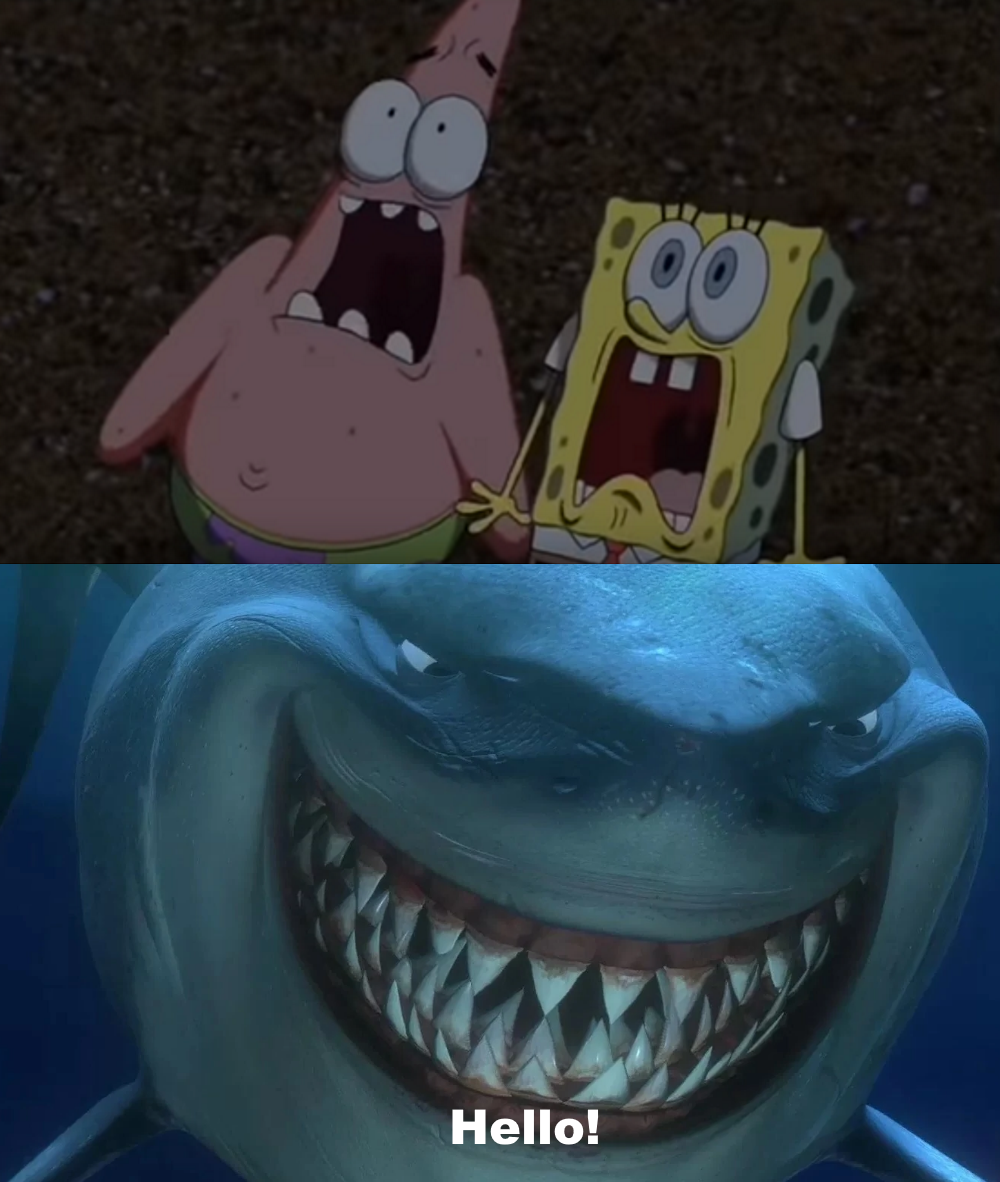 Bruce Scared Deviantart SpongeBob and Patrick meet Bruce the Shark by Jaidenscoolartworks on ...