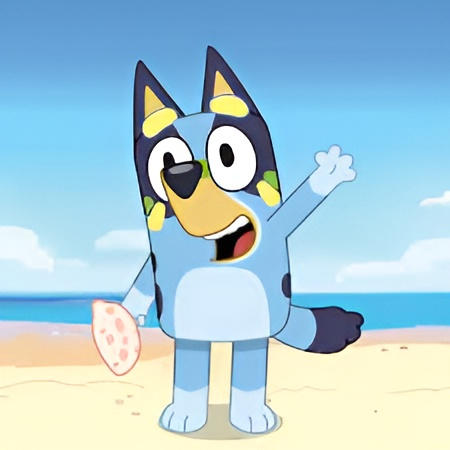 Bluey Leg Shell Bluey at the beach, holding a shell (AI upscaled) by ZestyRoachArt on ...