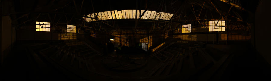 Panorama of an old cattle market auction house