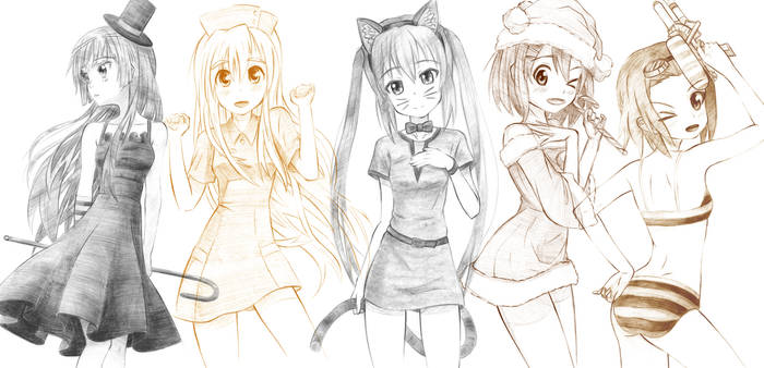 Azusa, Mio, Ritsu, Tsumugi, and Yui Sketches