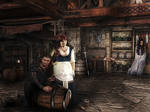 Tavern, Caramon, Tika, Crysania and a wines barrel by AlekTimm