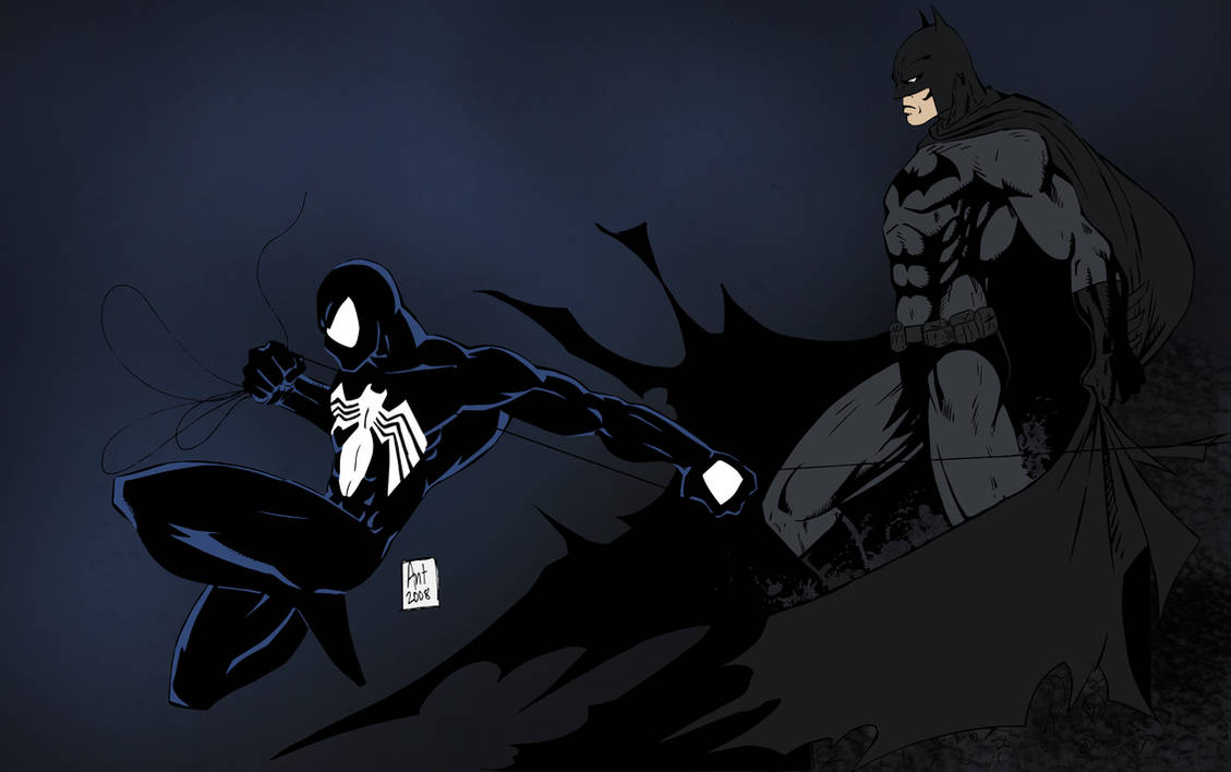 Включи против черного. Black Spider Бэтмен. Симбионт Бэтмен. Бэтмен против человека паука. Чёрный Бэтмен против человек паук.