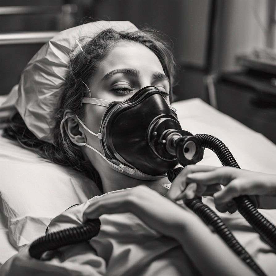 A distressed girl lying on a hospital bed is breat
