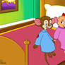 Fievel and Olivia sitting on the bed