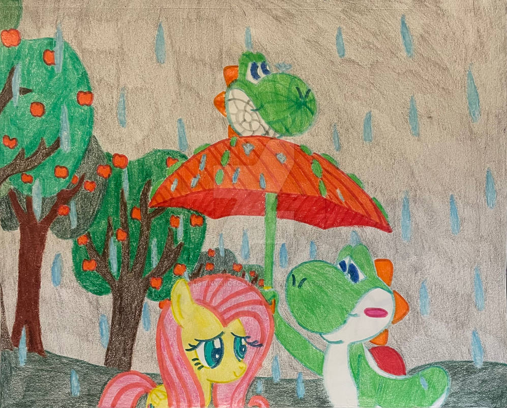 Yoshi protects Fluttershy from the rain