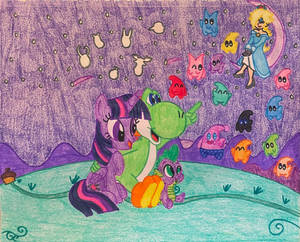 Yoshi, Twilight Sparkle, and Spike stargazing