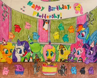 Yoshi and ponies celebrate Fluttershys birthday