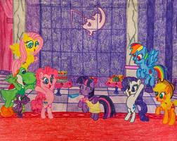 Yoshi and ponies celebrate Twilights birthday