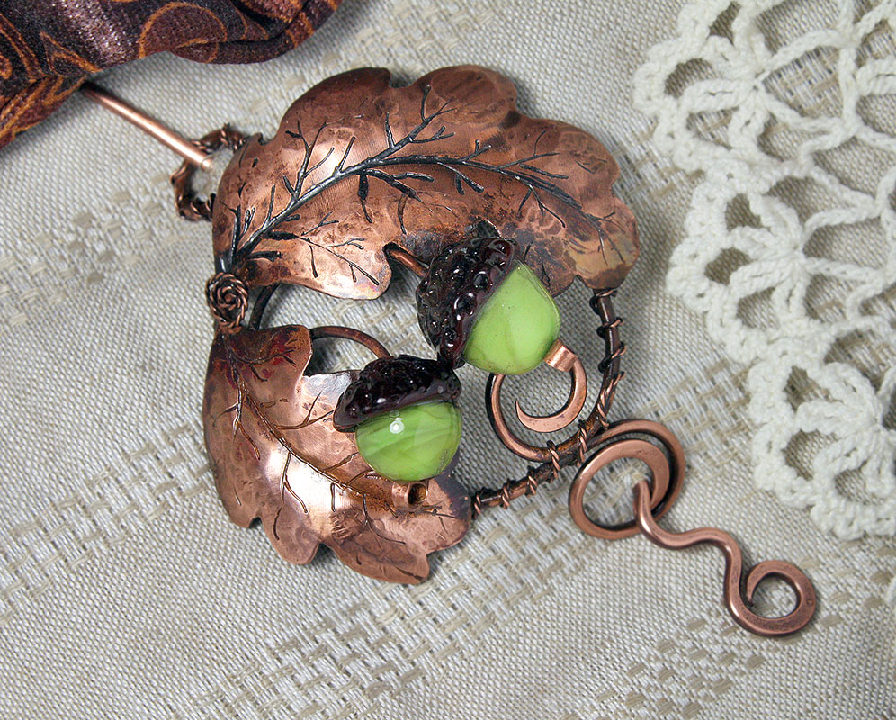 Acorns copper brooch