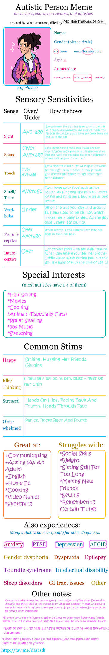 Autistic Character Sheet: Lena by MorganTheFandomGirl on DeviantArt