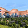 Mega giantess resting outside the city