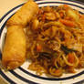 Shrimp lo mein and egg rolls