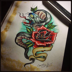 Neo-Trad Snake and Rose Tattoo Design