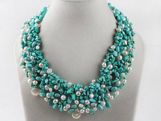 White Pearl and Turquoise Woven Necklace