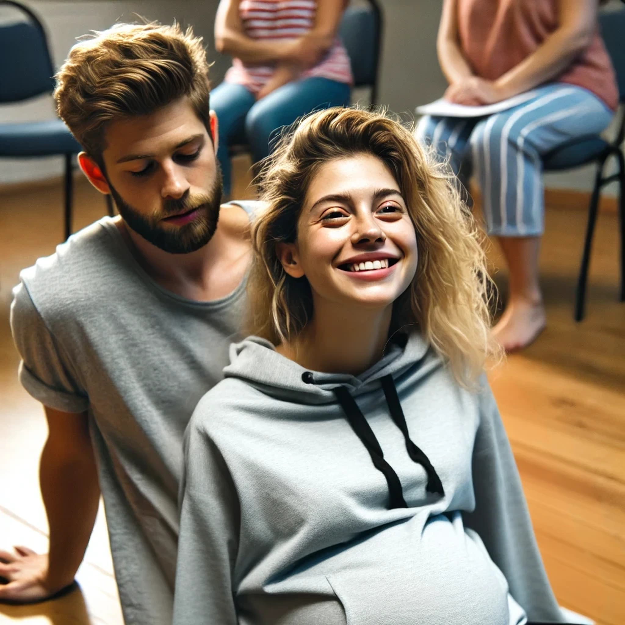 A happy couple sitting in a Lamaze class HQ