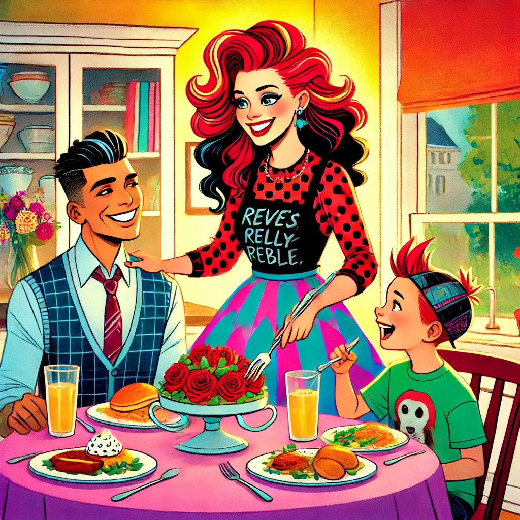 A stylized illustration of a brightly lit, colorfu