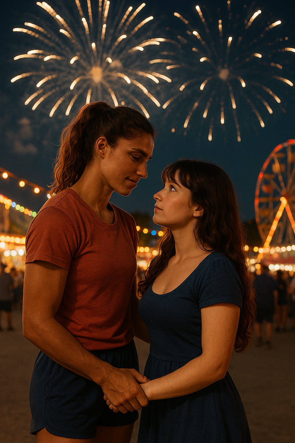 Couple Under Fireworks at Fair