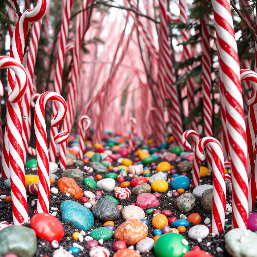 Candy Cane forest with colorful gumdrop rocks
