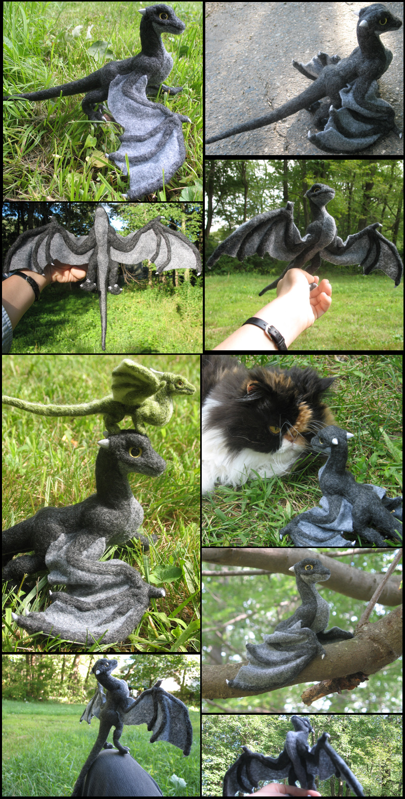 Felted black wyvern collage