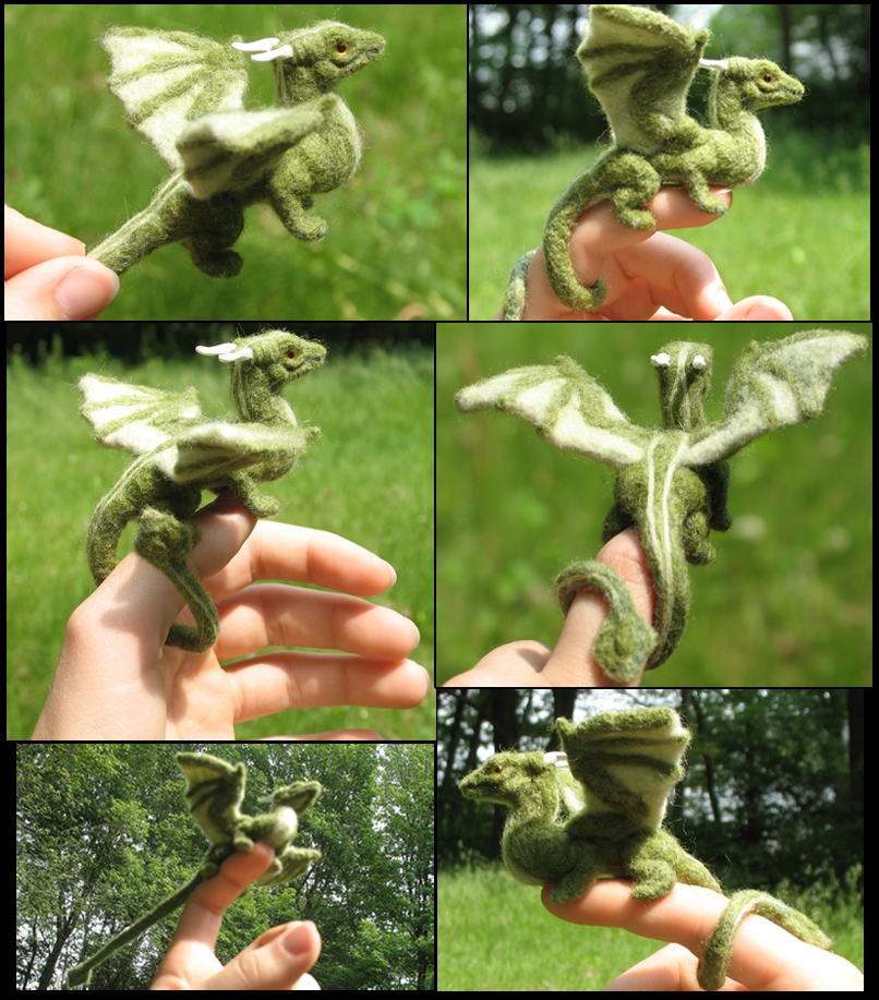 Felted green dragon collage