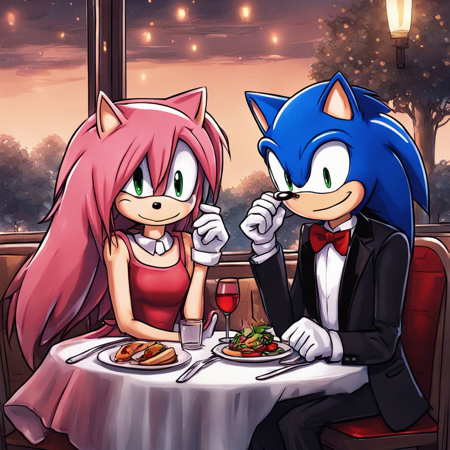 Amy rose and sonic on a romantic date at a restaur