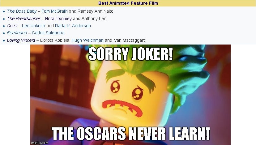 Oscars 2018: 'the Lego Batman Movie' Gets Snubbed Best Animated Movie