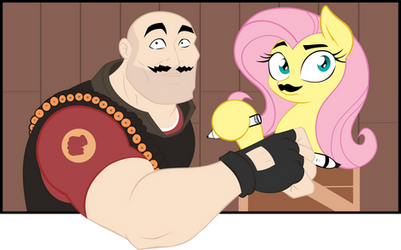 Fluttershy and Heavy: Mustaches and Eyebrows by Ookami-95