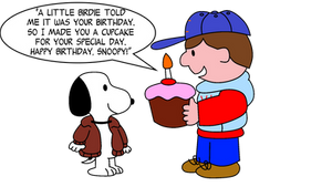 Me giving Snoopy a big cupcake