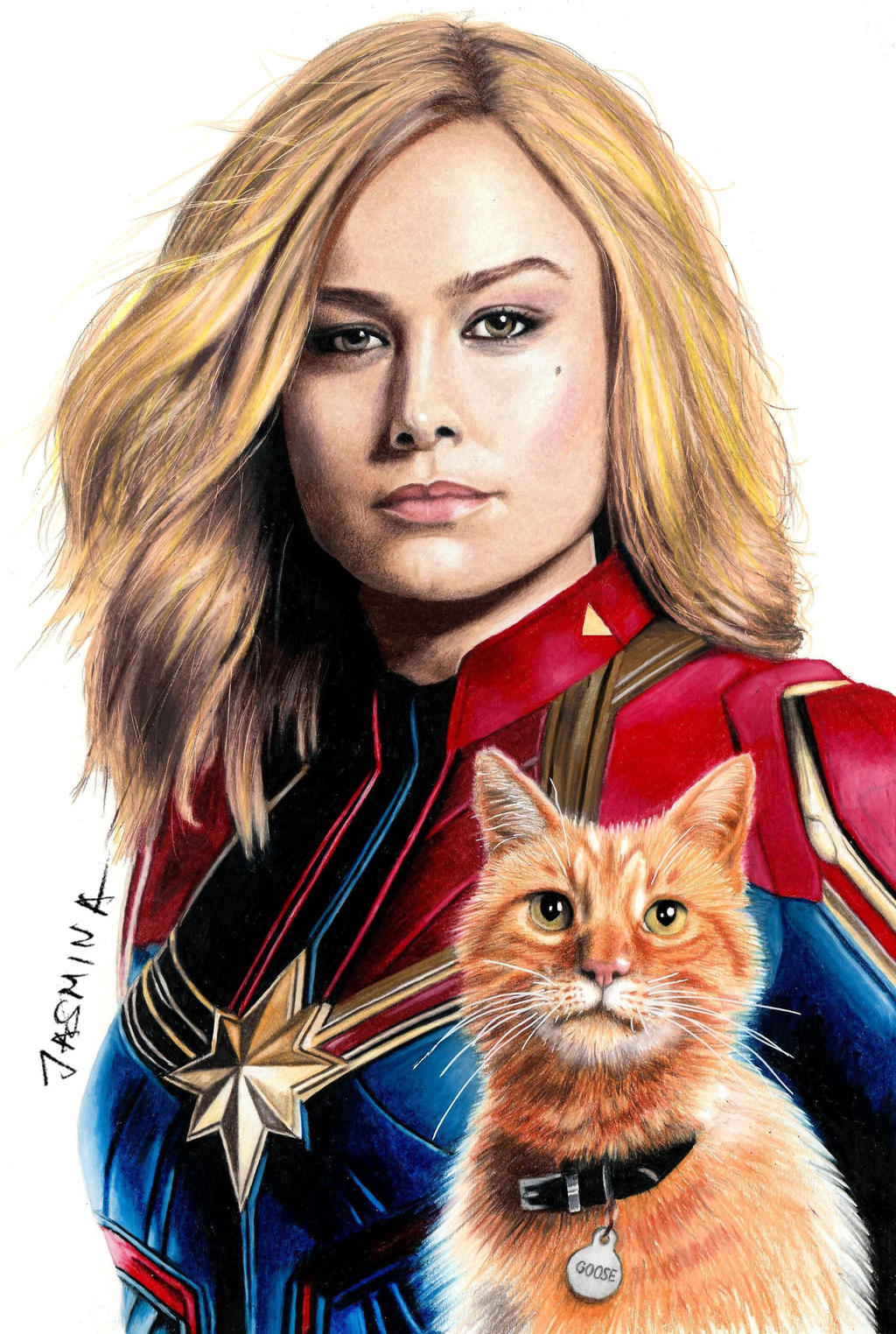 Colored pencil drawing: Captain Marvel and Goose