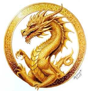 Colored Pencil Drawing: a Golden Dragon Medallion