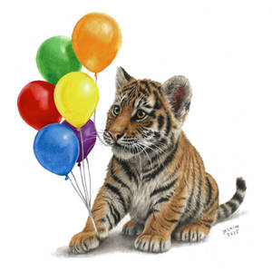 Colored Pencil Drawing: a Tiger Cub with Balloons