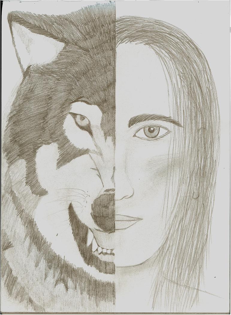 half human half wolf face drawing