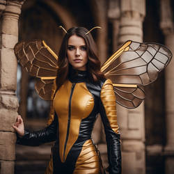 Girl in leather latex bee costume