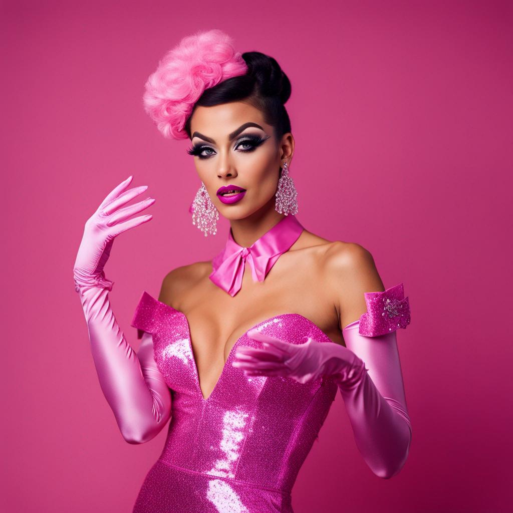 A femmine drag queen in a pink promdress and match